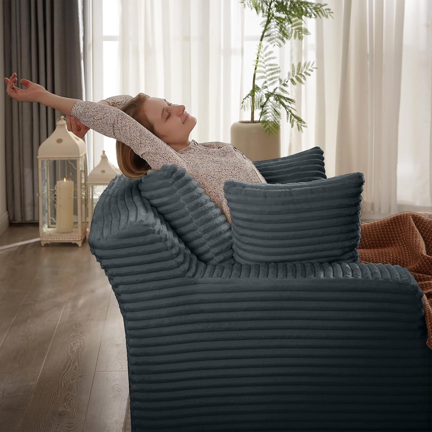 49.2" Oversized Chaise Lounge Chair, Deep Seat Upholstered Cozy Cloud Couch, Modern Corduroy Floor Sleeper Sofa Bed, Reading Chair for Living Room, Bedroom, Apartment, Office, Indoor, Dark Grey