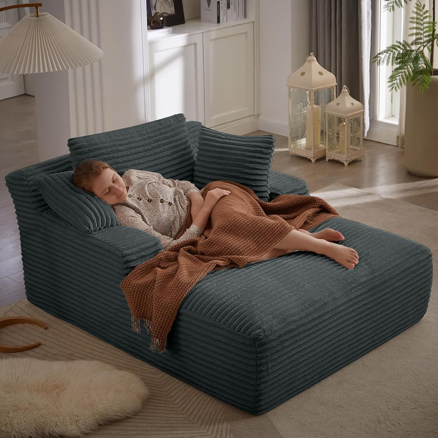 49.2" Oversized Chaise Lounge Chair, Deep Seat Upholstered Cozy Cloud Couch, Modern Corduroy Floor Sleeper Sofa Bed, Reading Chair for Living Room, Bedroom, Apartment, Office, Indoor, Dark Grey