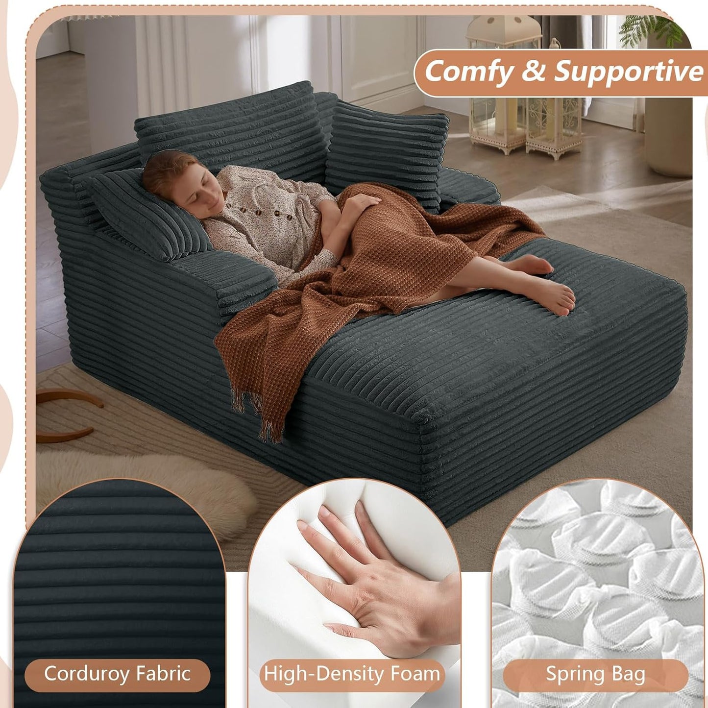 49.2" Oversized Chaise Lounge Chair, Deep Seat Upholstered Cozy Cloud Couch, Modern Corduroy Floor Sleeper Sofa Bed, Reading Chair for Living Room, Bedroom, Apartment, Office, Indoor, Dark Grey