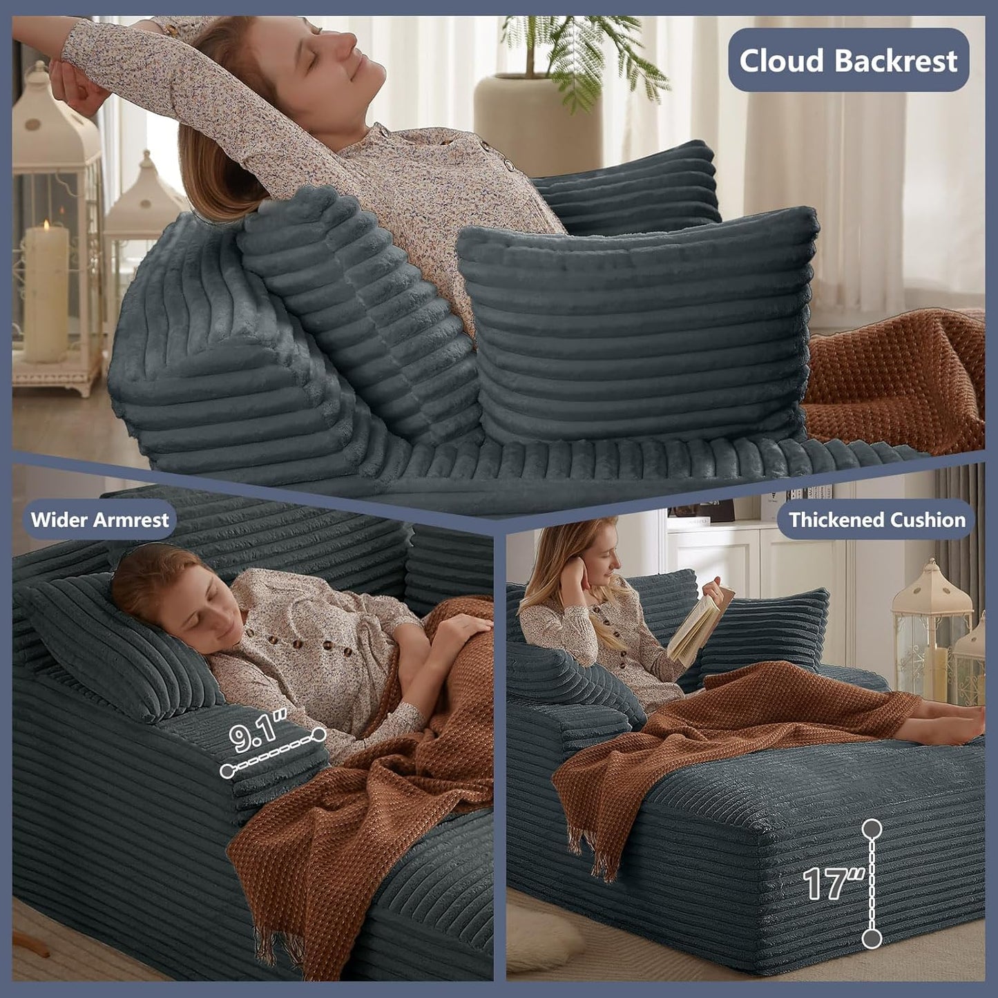 49.2" Oversized Chaise Lounge Chair, Deep Seat Upholstered Cozy Cloud Couch, Modern Corduroy Floor Sleeper Sofa Bed, Reading Chair for Living Room, Bedroom, Apartment, Office, Indoor, Dark Grey