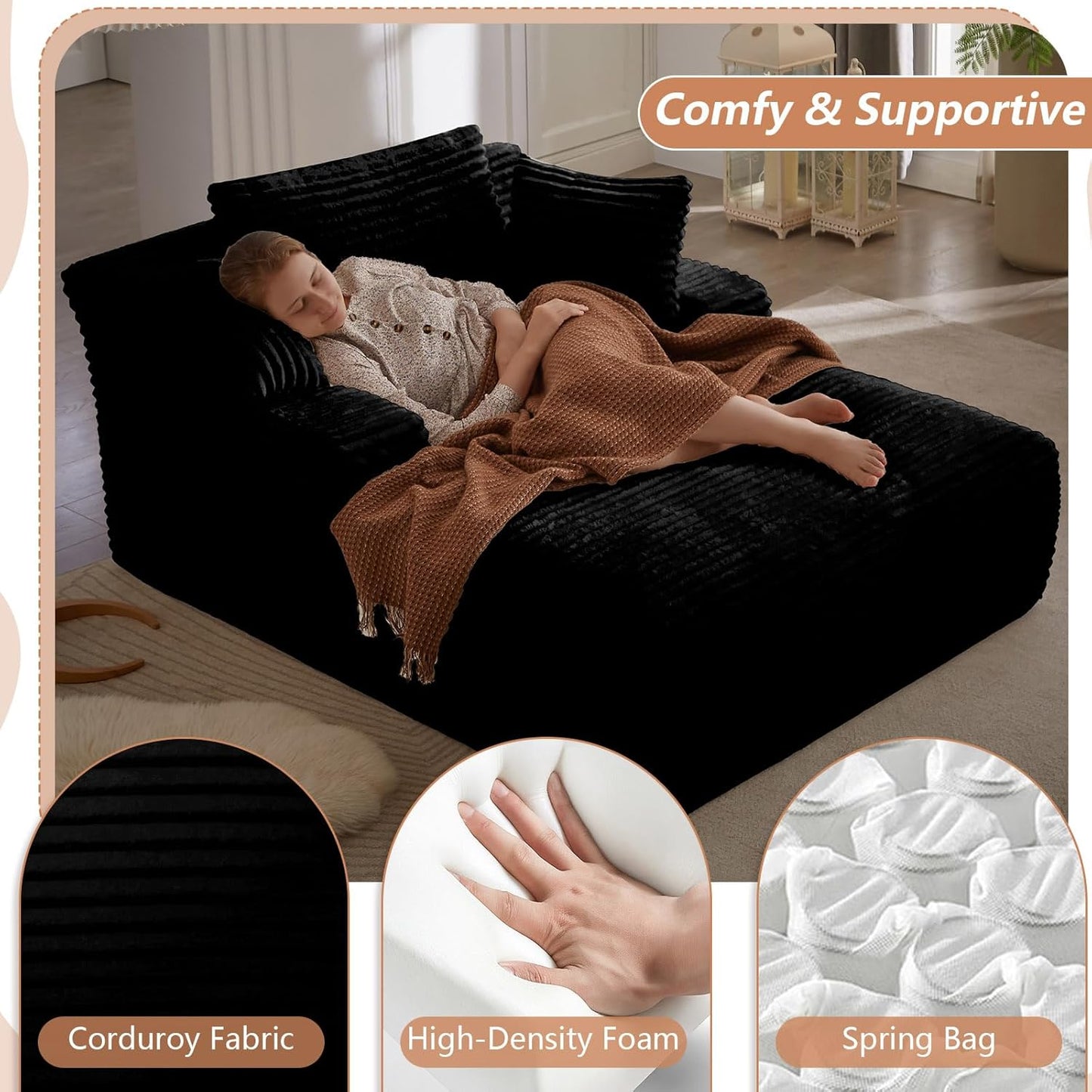 49.2" Oversized Chaise Lounge Chair, Deep Seat Upholstered Cozy Cloud Couch, Modern Corduroy Floor Sleeper Sofa Bed, Reading Chair for Living Room, Bedroom, Apartment, Office, Indoor, Black