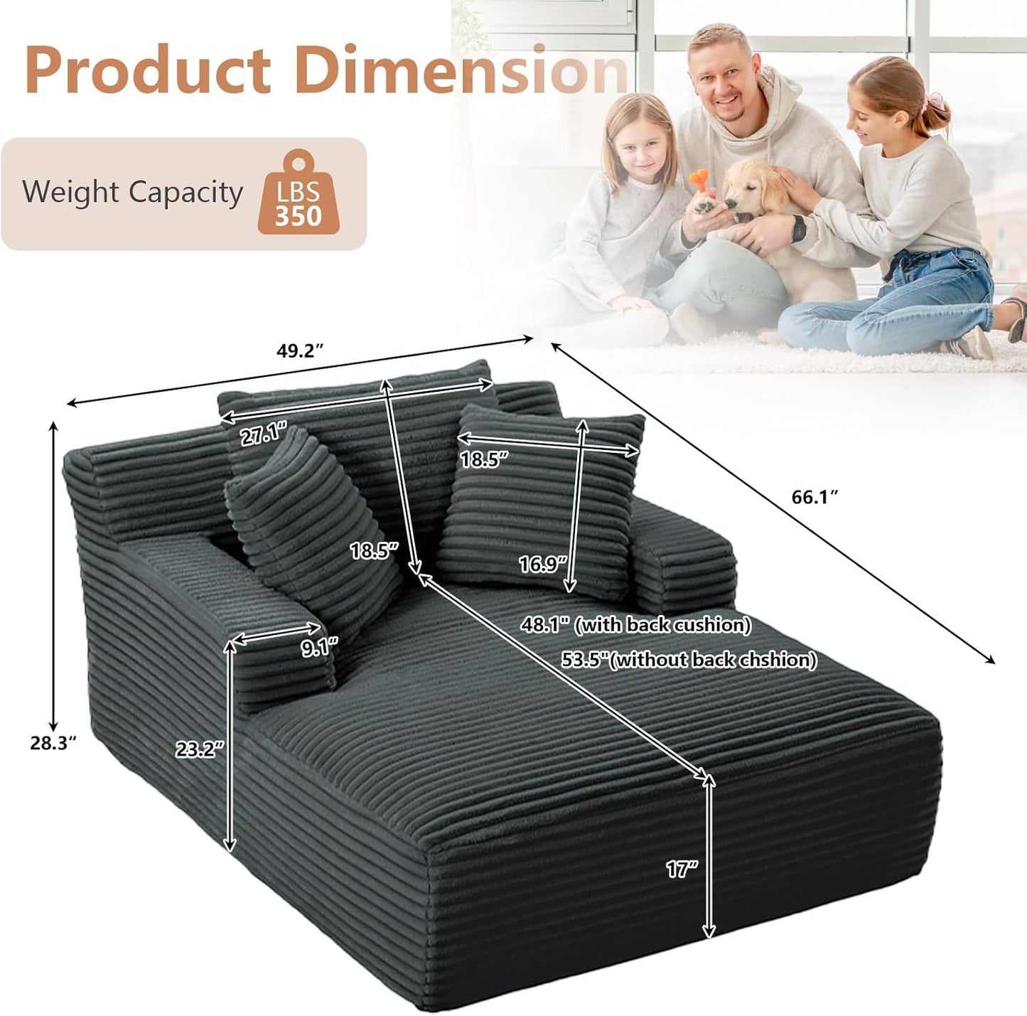 49.2" Oversized Chaise Lounge Chair, Deep Seat Upholstered Cozy Cloud Couch, Modern Corduroy Floor Sleeper Sofa Bed, Reading Chair for Living Room, Bedroom, Apartment, Office, Indoor, Dark Grey