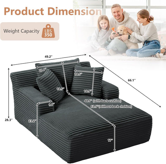 49.2" Oversized Chaise Lounge Chair, Deep Seat Upholstered Cozy Cloud Couch, Modern Corduroy Floor Sleeper Sofa Bed, Reading Chair for Living Room, Bedroom, Apartment, Office, Indoor, Dark Grey