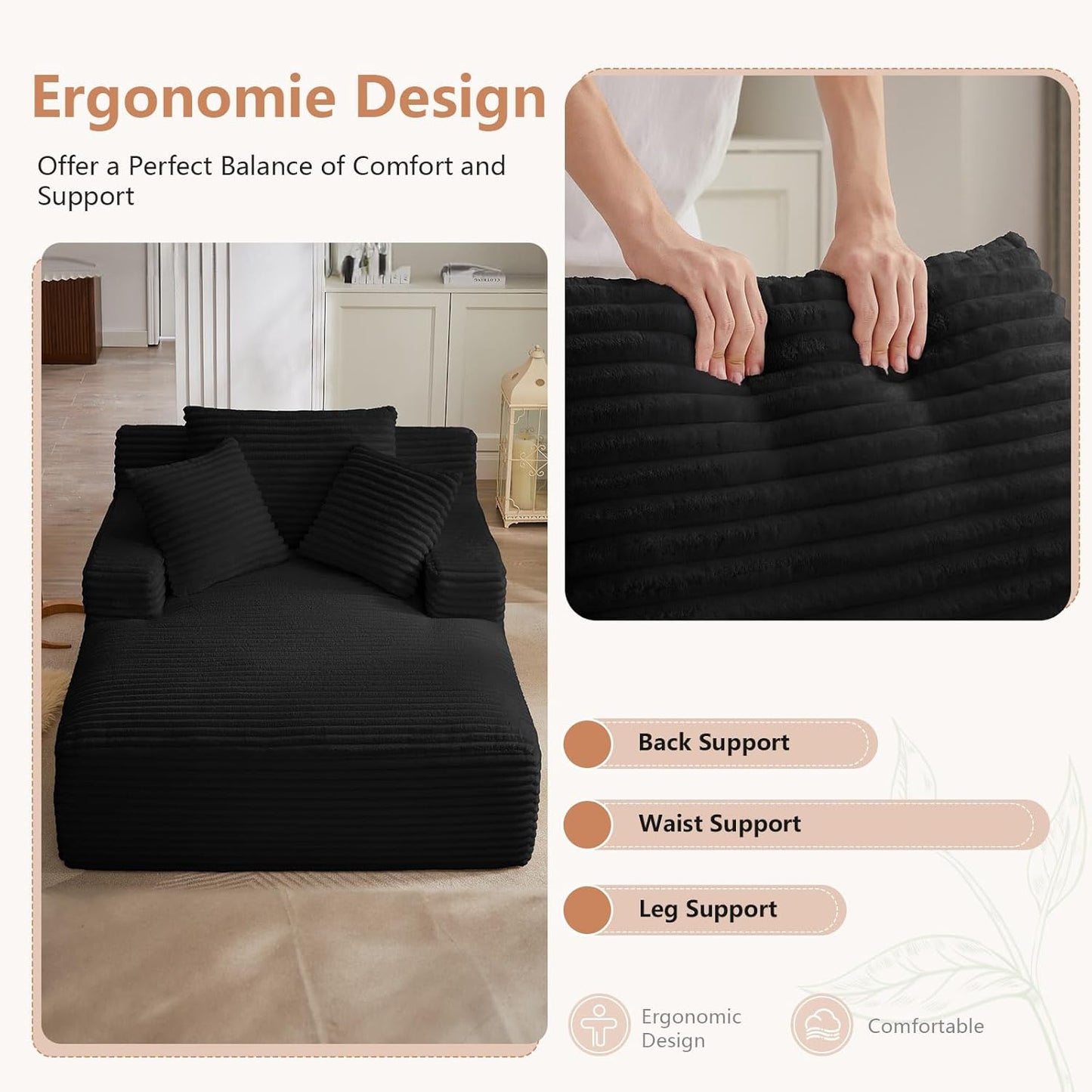 49.2" Oversized Chaise Lounge Chair, Deep Seat Upholstered Cozy Cloud Couch, Modern Corduroy Floor Sleeper Sofa Bed, Reading Chair for Living Room, Bedroom, Apartment, Office, Indoor, Black