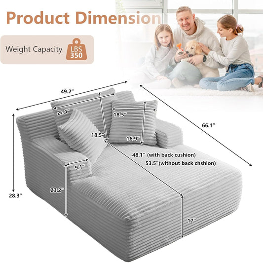 49.2" Oversized Chaise Lounge Chair, Deep Seat Upholstered Cozy Cloud Couch, Modern Corduroy Floor Sleeper Sofa Bed, Reading Chair for Living Room, Bedroom, Apartment, Office, Indoor, Light Grey