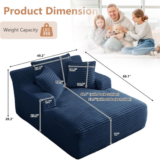 49.2" Oversized Chaise Lounge Chair, Deep Seat Upholstered Cozy Cloud Couch, Modern Corduroy Floor Sleeper Sofa Bed, Reading Chair for Living Room, Bedroom, Apartment, Office, Indoor, Blue