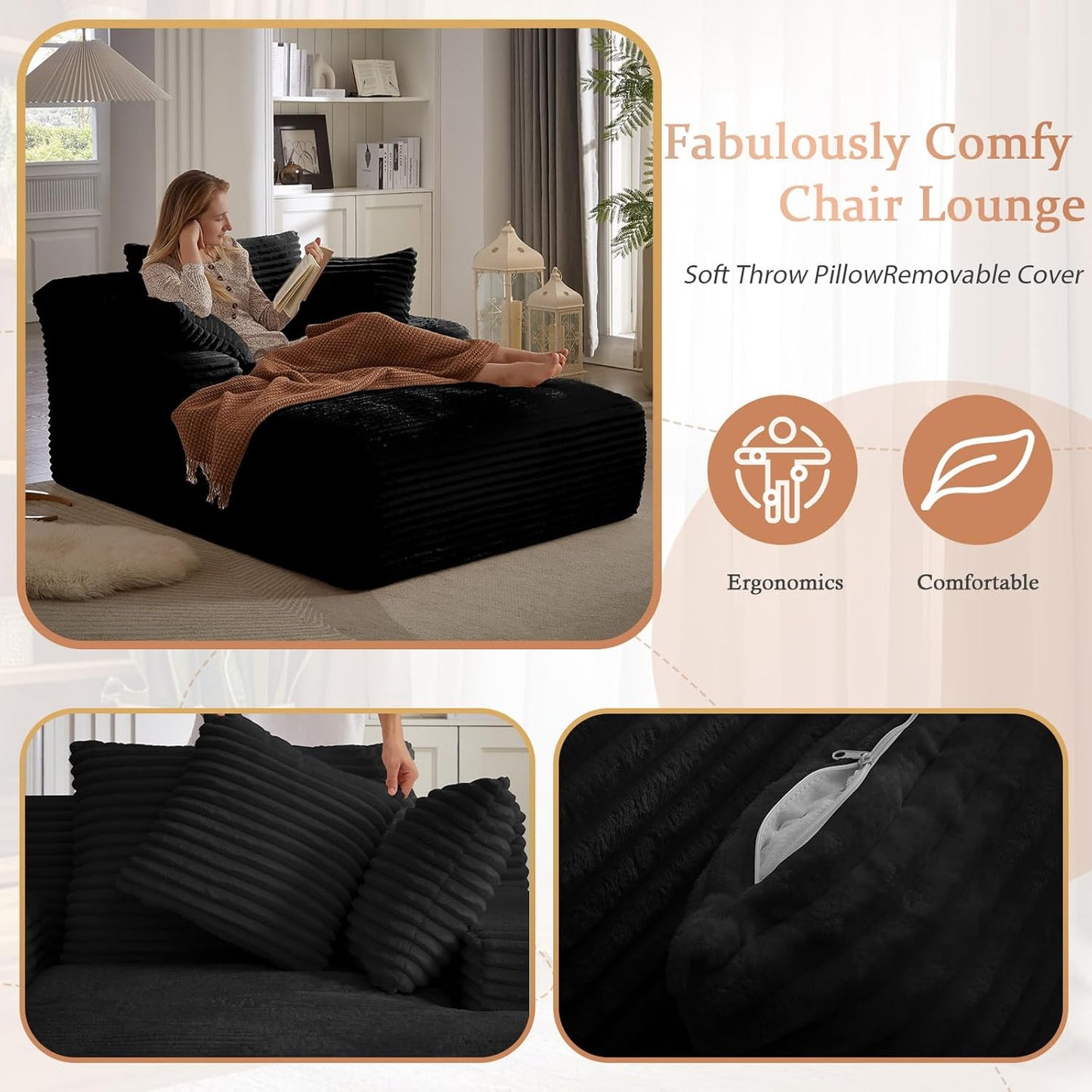 49.2" Oversized Chaise Lounge Chair, Deep Seat Upholstered Cozy Cloud Couch, Modern Corduroy Floor Sleeper Sofa Bed, Reading Chair for Living Room, Bedroom, Apartment, Office, Indoor, Black
