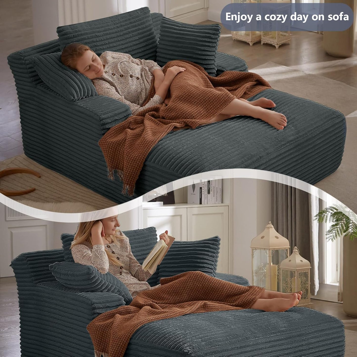 49.2" Oversized Chaise Lounge Chair, Deep Seat Upholstered Cozy Cloud Couch, Modern Corduroy Floor Sleeper Sofa Bed, Reading Chair for Living Room, Bedroom, Apartment, Office, Indoor, Dark Grey