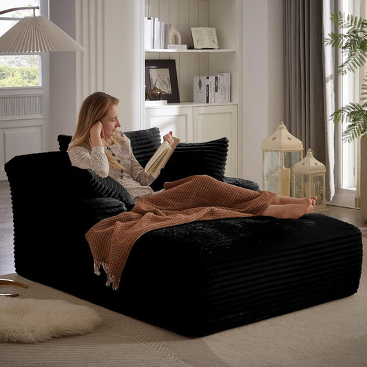 49.2" Oversized Chaise Lounge Chair, Deep Seat Upholstered Cozy Cloud Couch, Modern Corduroy Floor Sleeper Sofa Bed, Reading Chair for Living Room, Bedroom, Apartment, Office, Indoor, Black