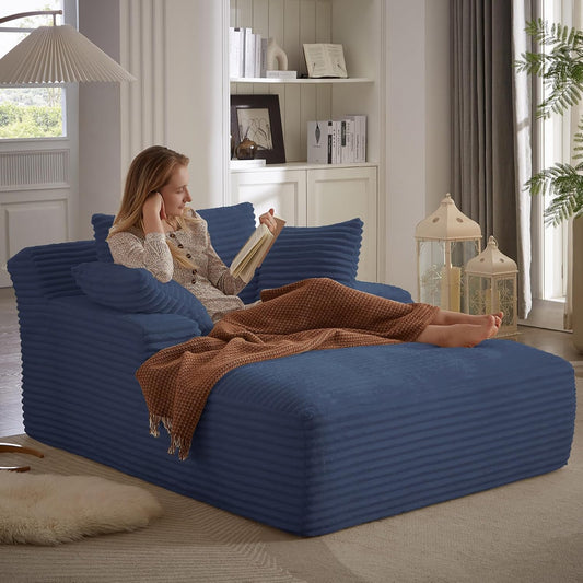 49.2" Oversized Chaise Lounge Chair, Deep Seat Upholstered Cozy Cloud Couch, Modern Corduroy Floor Sleeper Sofa Bed, Reading Chair for Living Room, Bedroom, Apartment, Office, Indoor, Blue
