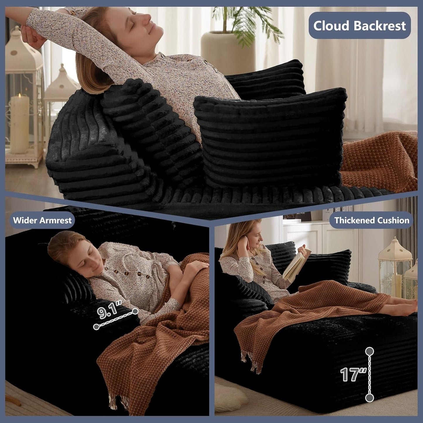 49.2" Oversized Chaise Lounge Chair, Deep Seat Upholstered Cozy Cloud Couch, Modern Corduroy Floor Sleeper Sofa Bed, Reading Chair for Living Room, Bedroom, Apartment, Office, Indoor, Black