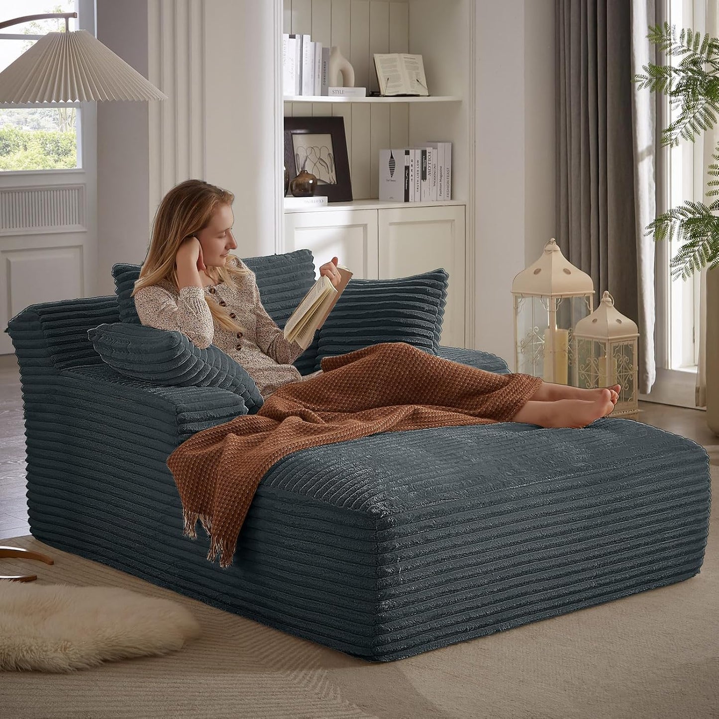 49.2" Oversized Chaise Lounge Chair, Deep Seat Upholstered Cozy Cloud Couch, Modern Corduroy Floor Sleeper Sofa Bed, Reading Chair for Living Room, Bedroom, Apartment, Office, Indoor, Dark Grey